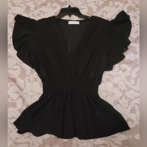 Jon and Anna Black V-Neck Ruffled Sleeve Women's Top With Smocked Waist